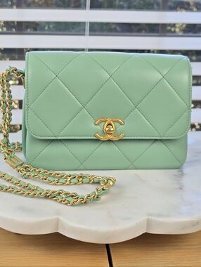 Chanel 21K Mint Quilted Calfskin Enamel Letter Chain Flap Bag